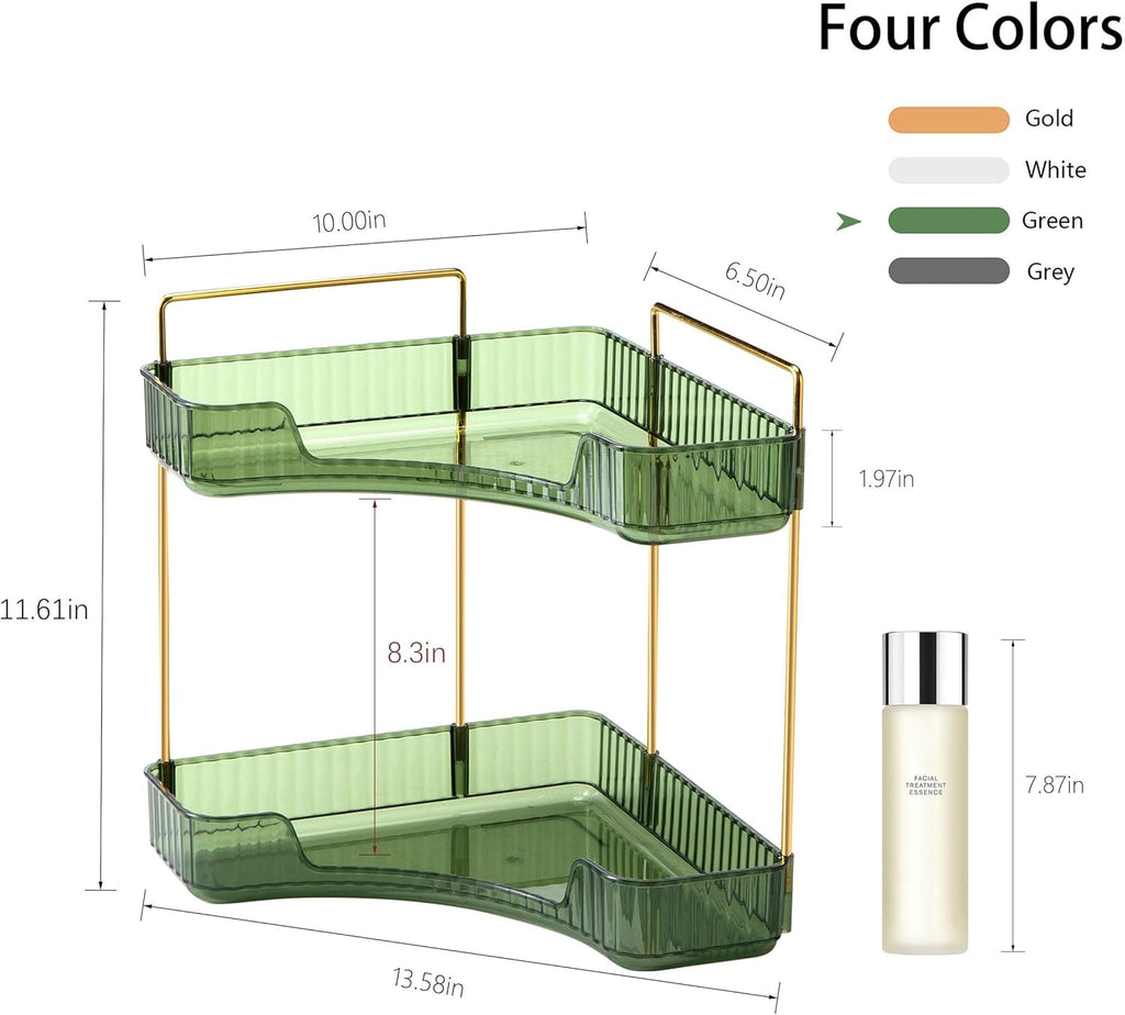 YCIA&DONE Corner Bathroom Counter Organizer, Makeup Organizer for Vanity, Skincare Cosmetic Perfume Tray, Corner Countertop Shelf Rack Storage for Bathroom Kitchen 2 Tiers (Vintage Green)