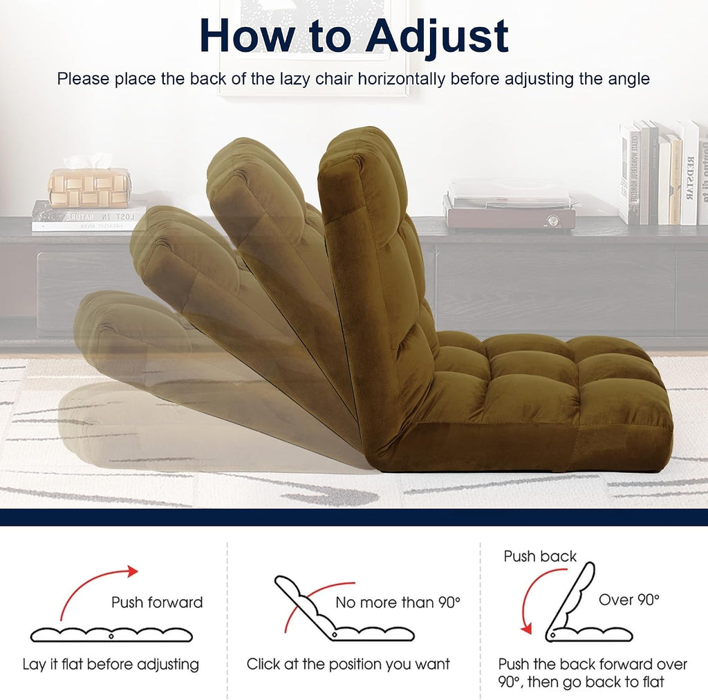 Floor Chair, 24 inches Wide Oversized Velvet Armless Lay Flat Floor seat Padded Meditation Chair with 6 Adjustable Position Ergonomic Comfortable Convenient (Modern, LRSF-014-TAN)