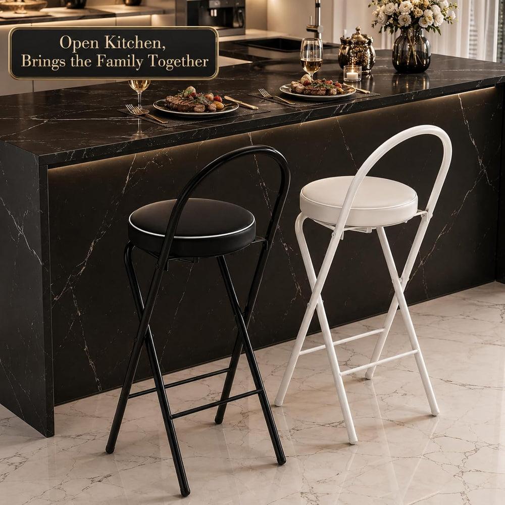 Folding Bar Stool with Backrest Counter Height Chair Padded Seat Cushion Spac...