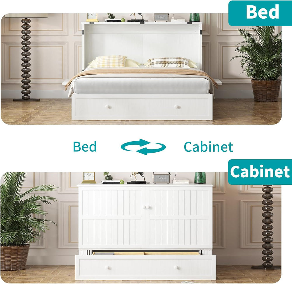BALUS Queen Murphy Bed, Cabinet Murphy Bed with Large Storage Drawer-White | ...