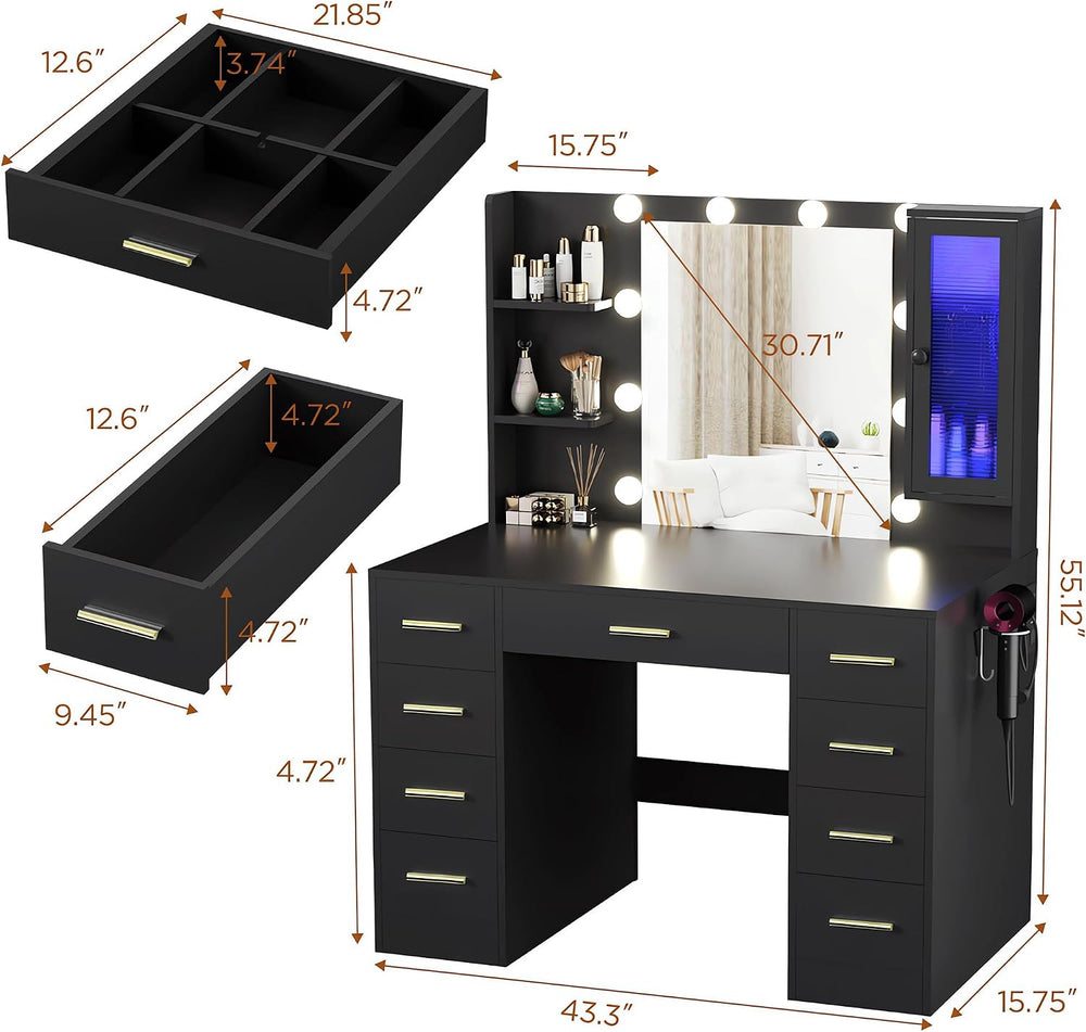 ERLEJIA Vanity Desk with Mirror and Lights, 43" Large Makeup Dressing Ta...