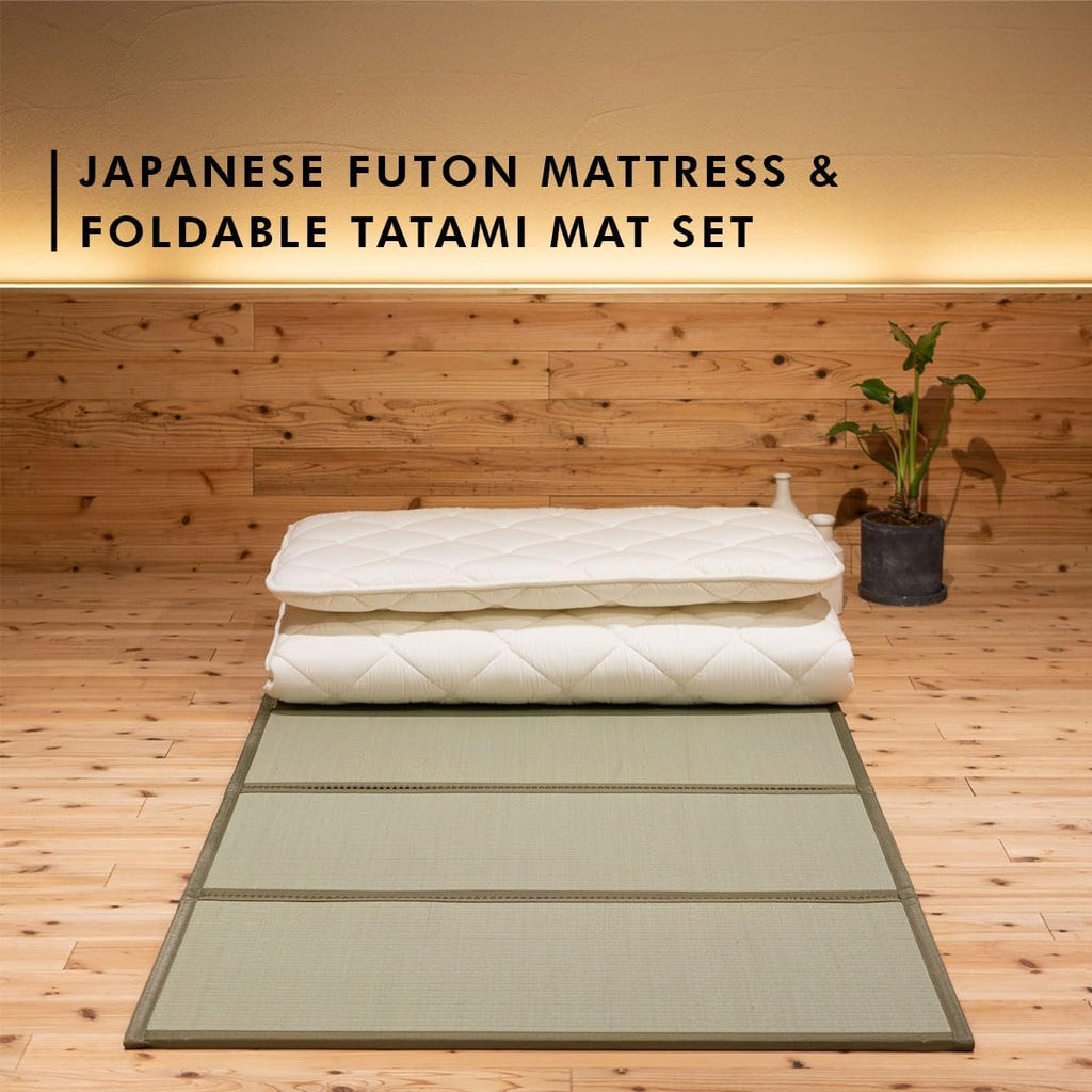 EMOOR Japanese Futon Mattress Premium CLASSE and Tatami Mat Set Twin, Floor Sleeping Mat Sikibuton Igusa Natural Cotton