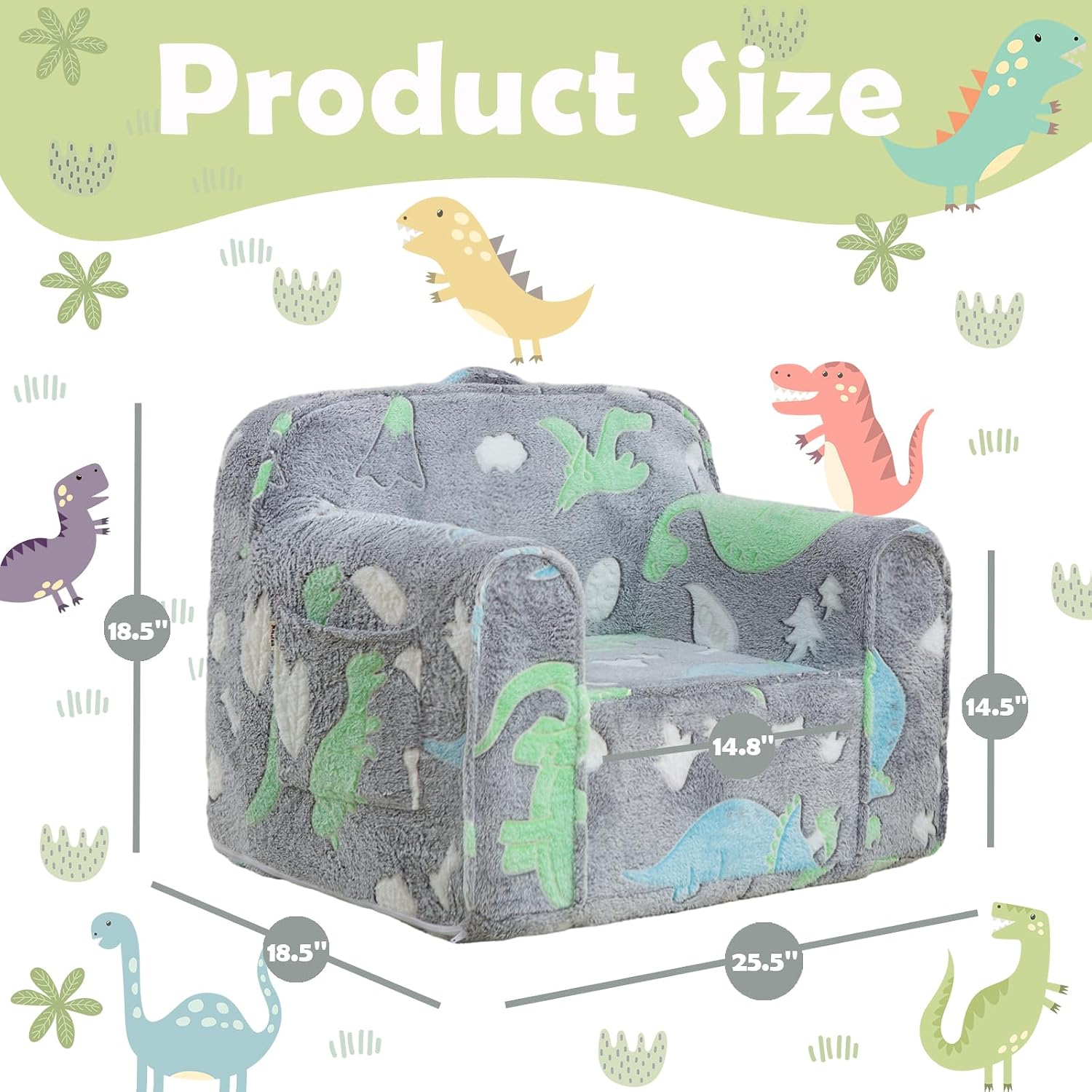 Toddler Chair,Kids Armchair,Kids Foam Chair,Toddler Couch,Glow Dino | Comfy kids armchair,toddler reading chair,kids foam chair,glow-in-the-dark dino,removable cover, no assembly
