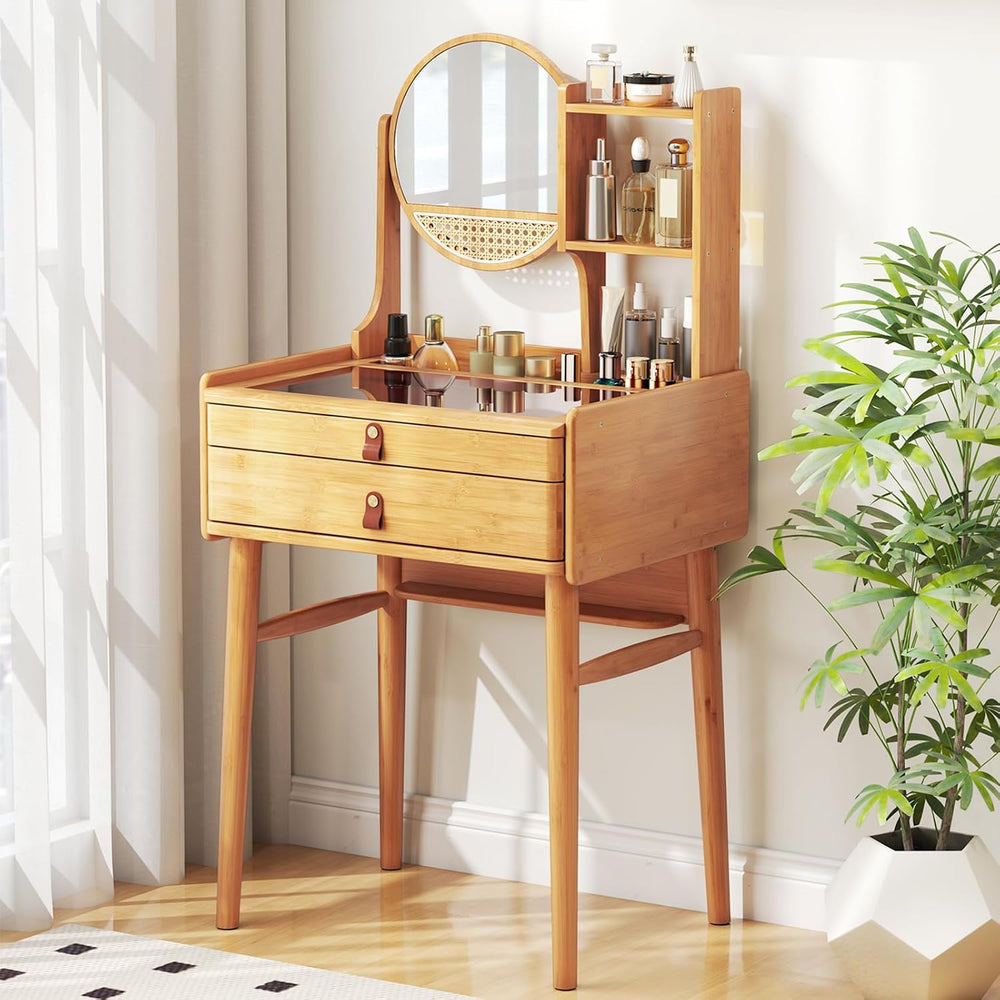 GOFLAME Bamboo Vanity Table with Adjustable Mirror, Small Makeup Vanity with ...