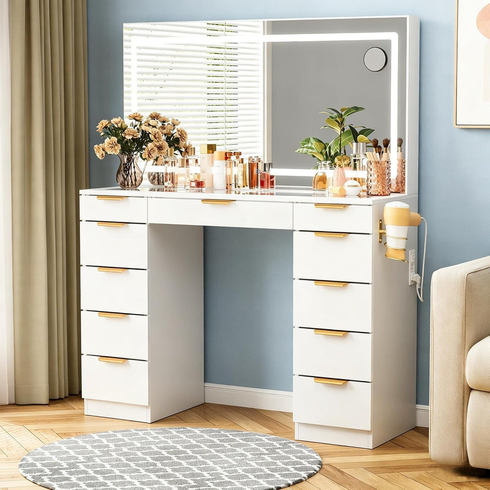 Pamapic Glass Top Vanity Desk with Mirror and Lights, 11 Drawers Makeup Vanit...