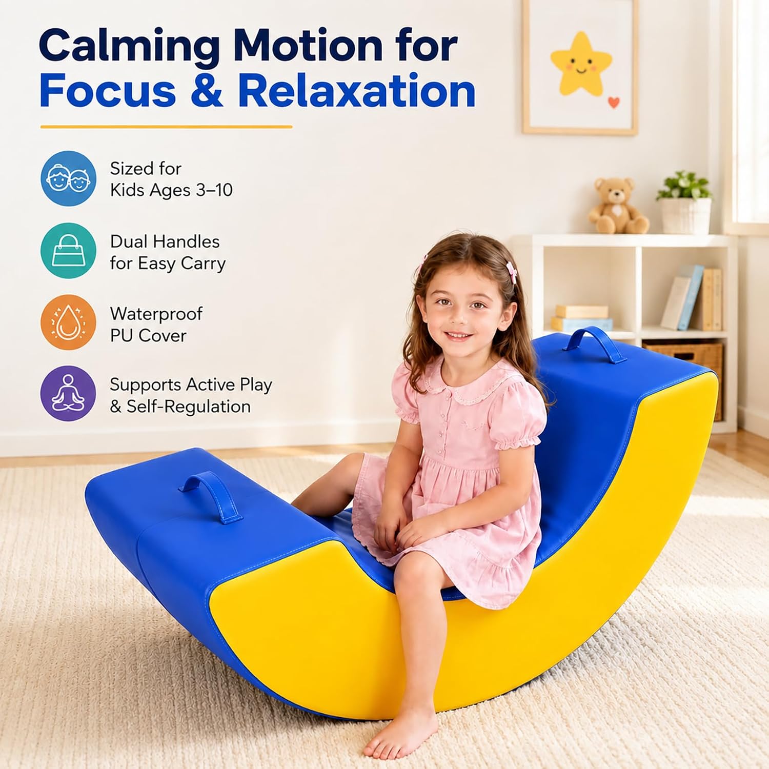 Sensory Rocking Chair with Waterproof PU Cover | High-Density Foam Portable Sensory Chair for Kids, Classroom Rocker for Focus & Engagement, Handle Design
