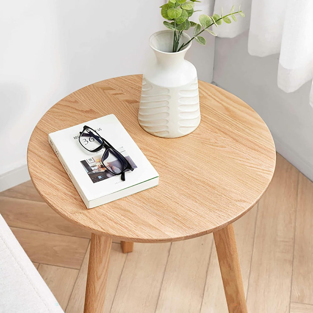 Round End Table, Solid Oak Wood Side Table for Living Room, Bedroom Nightstan...