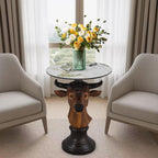 Bull Head Accent Side Table - End Table with Faux Marble Top Unique Cow Statue Decor for Living Room Bedroom Entryway Elegant Animal Sculpture Modern Classical Decoration, Brown