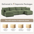 ROWHY 148'' Sectional Cloud Couch with 2 Ottomans, Oversized 4 Seat Sleeper Sofa with 2 Throw Pillows, Convertible Upholstered U Shaped Cozy Sofa Furniture Set for Living Room and Office, Green