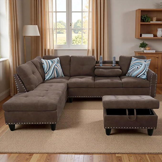 3-Piece L-Shaped Modular Sofa – Convertible Sectional Couch with Movable Chaise & Storage Ottoman, Multi-Scene Use for Living Room, Apartment & Office, Dark Brown