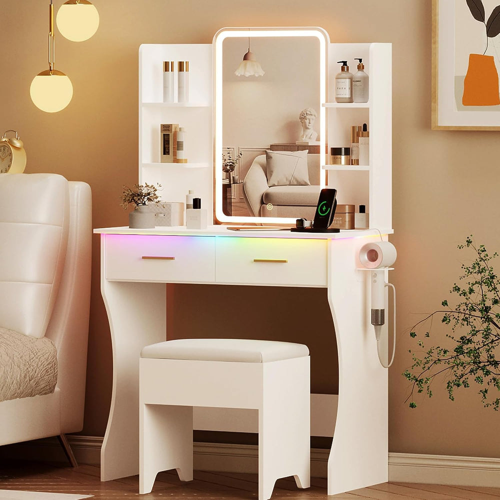 Vanity Desk with LED Lights Mirror & Power Outlet, Small Makeup Vanity Ta...