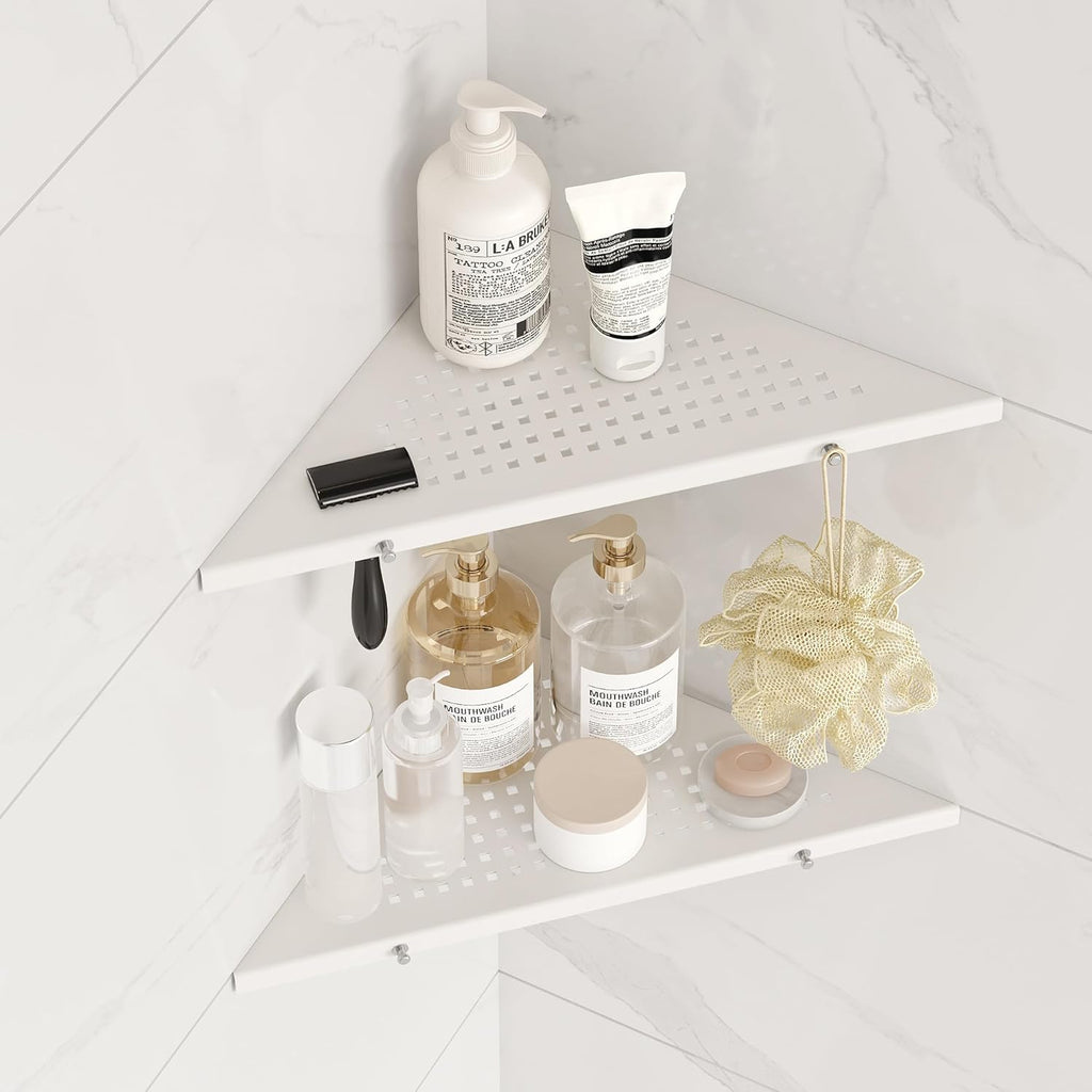 10" Bathroom Corner Shelf, 2 Pack Recessed Shower Shelf Caddy, SUS304 Stainless Steel Shelf Wall Mount Triangular, No Drilling Matte White