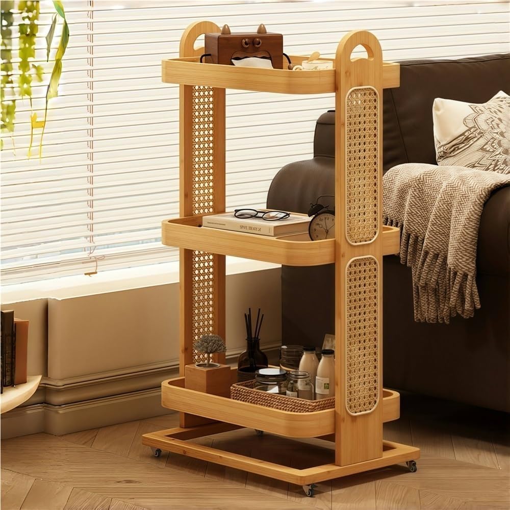Rolling Sofa Table with Wheels Bamboo Rattan 2/3 Tier End Table Slim Rolling ...