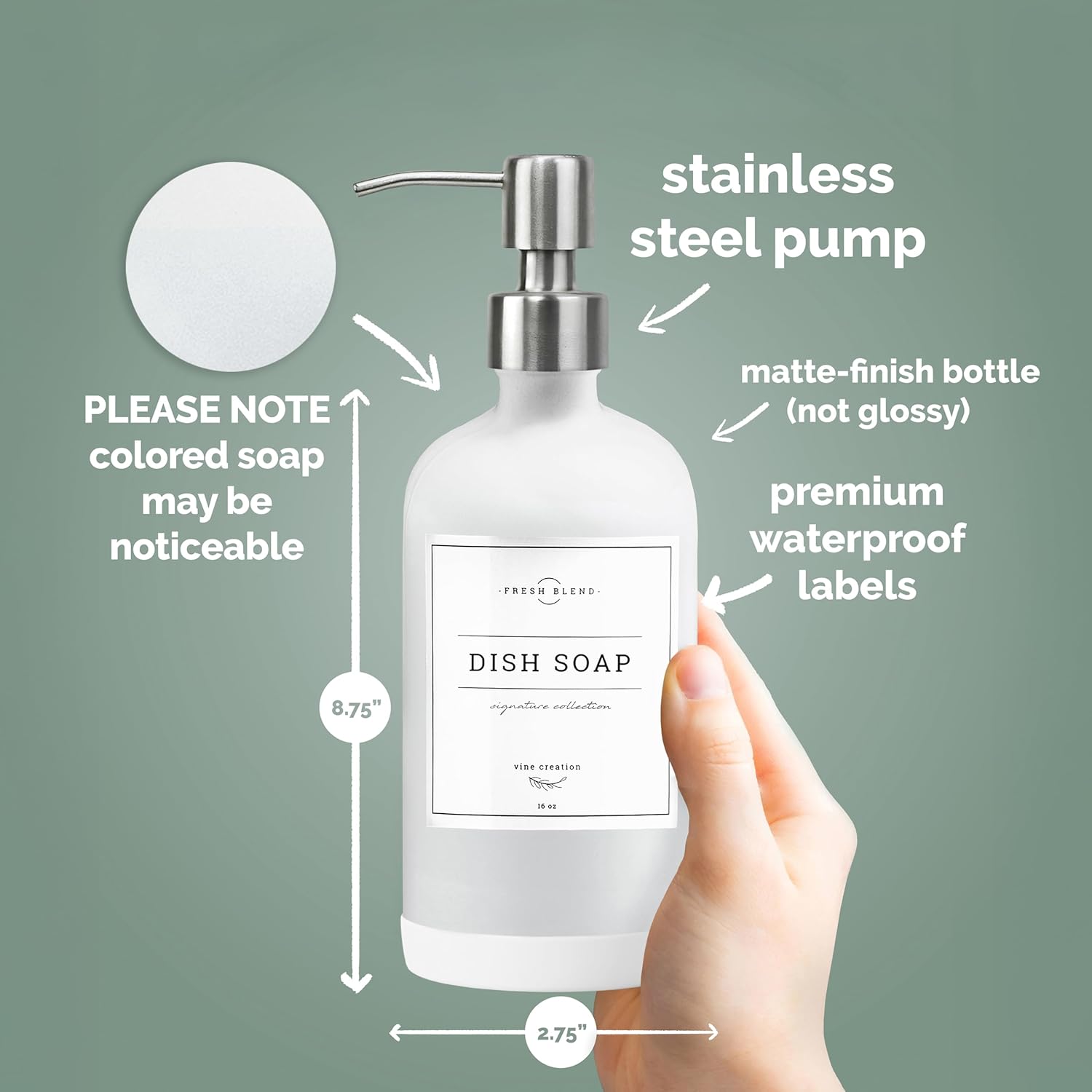 Vine Creations White Glass Soap Dispenser, 2 Pack Kitchen Soap Dispenser Set with Stainless Steel Pump, 16 oz Dish Soap and Hand Soap Dispensers for Bathroom with Waterproof Labels