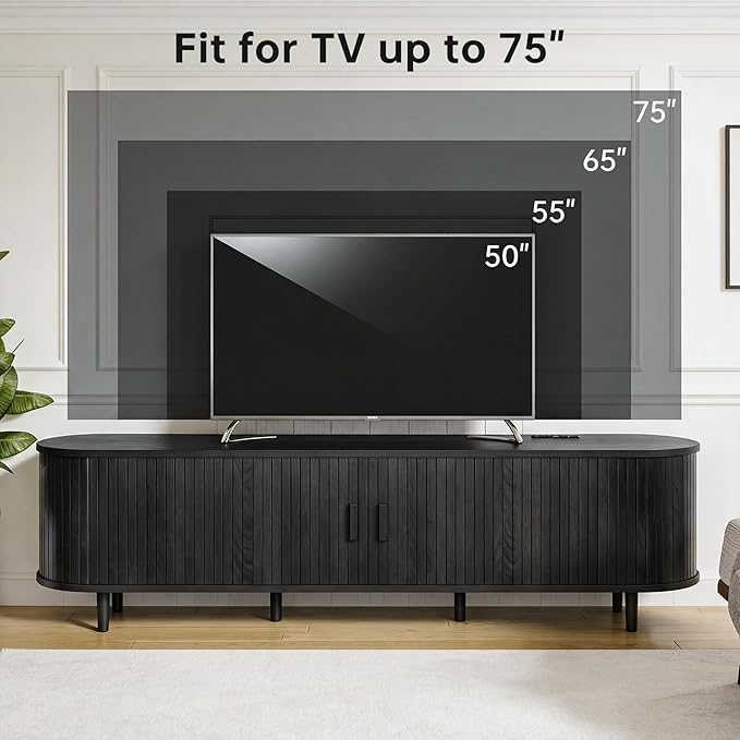 70" Mid Century Modern TV Stand, Wood TV Consoles with Sliding Doors and Power Outlet, Fluted Entertainment Center with Adjustable Shelves, Media Console for Living Room, Black