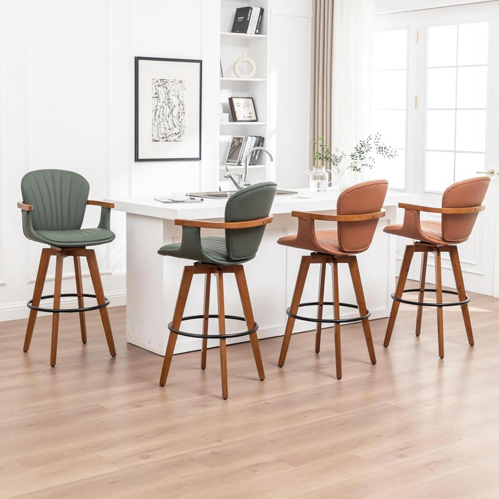 LUNLING 26” Counter Height Stools Set of 2,Mid Century Modern Bar Stools,Green PU Leather Kitchen Island Stool,Wood High Barstools Swivel with Back and Arms for Home Bar Furniture