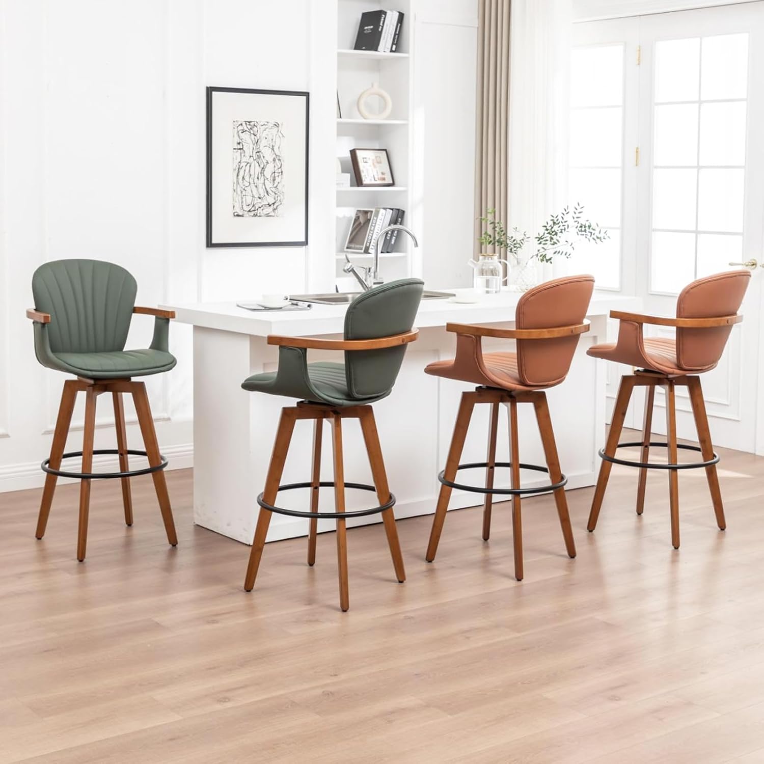 LUNLING 26” Counter Height Stools Set of 2,Mid Century Modern Bar Stools,Green PU Leather Kitchen Island Stool,Wood High Barstools Swivel with Back and Arms for Home Bar Furniture