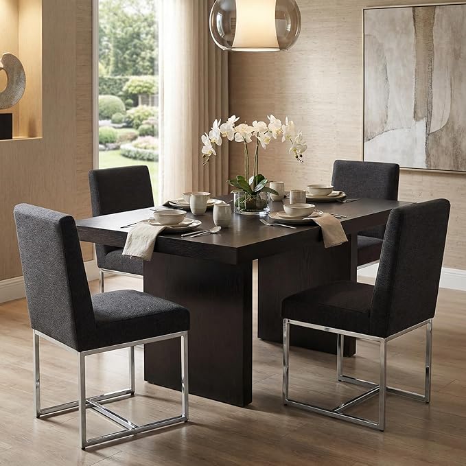 CIMOTA Black Modern Dining Chairs Set of 2, Upholstered Dining Room Chairs Armless Guest Side Chair with Chrome Base for Dining Room/Kitchen, Charcoal Black, 2PCS