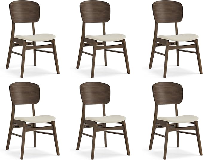 Wooden Dining Chairs Set of 6, Upholstered Modern Dining Room Chairs, Mid Century Oak Kitchen Chairs with Ergonomic Wood Backrest for Farmhouse, Restaurant, Café (Cream Fabric & Walnut Color)