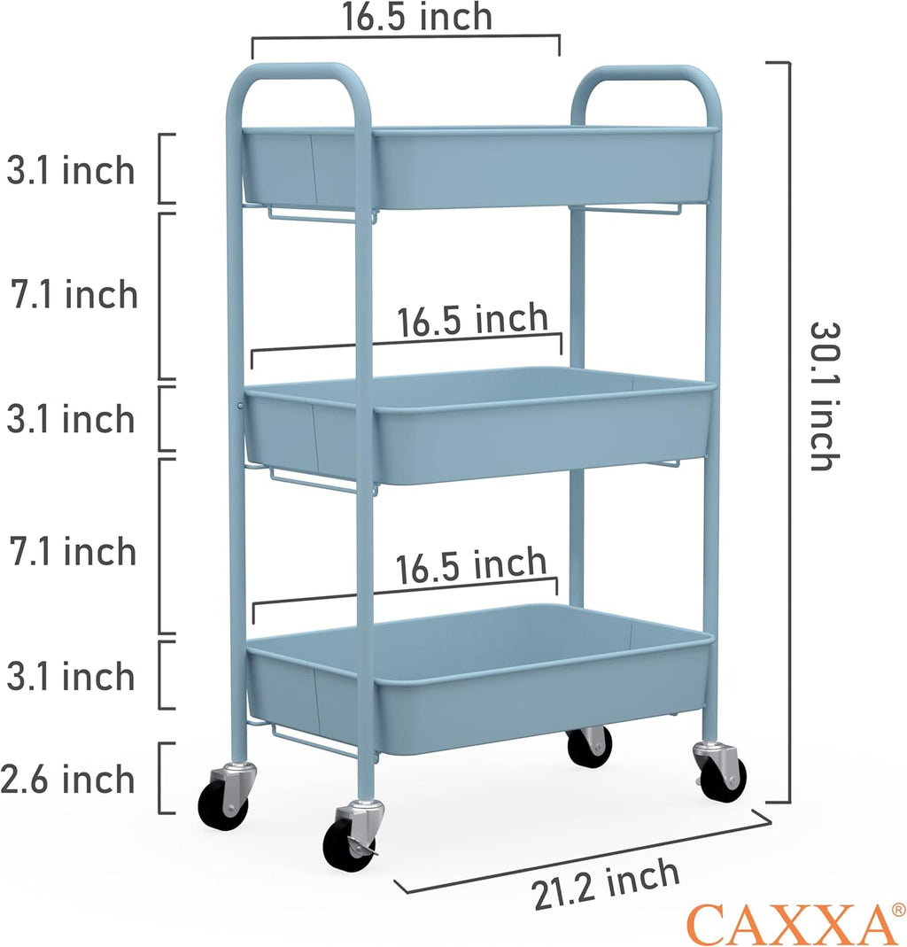 CAXXA 3-Tier Rolling Metal Storage Organizer - Mobile Utility Cart with Caster Wheels, Blue