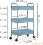 CAXXA 3-Tier Rolling Metal Storage Organizer - Mobile Utility Cart with Caster Wheels, Blue