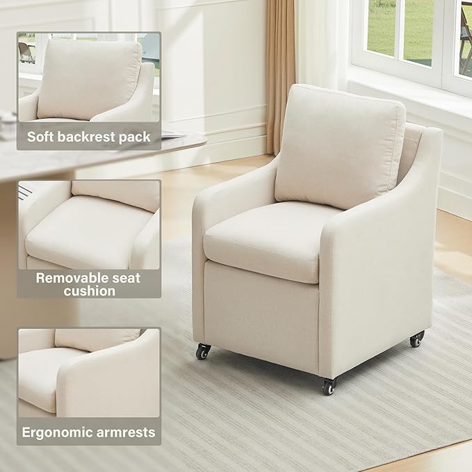 Rolled Dining Chair with Casters, Upholstered Modern Rolling Armchair with Wheels for Kitchen (1, Fabric Beige)