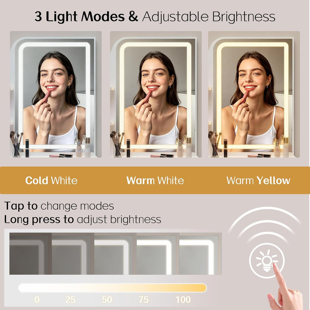 Haewon Small Makeup Vanity Set with Lighted Mirror and Chair, White | Built-I...