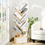 8 Tier Tree Bookshelf with Drawer, Free Standing Wood Bookcase for Narrow Space, Storage Organizer Bookshelves for Books, Book Case for Home Office, Living Room, Bedroom - Natural