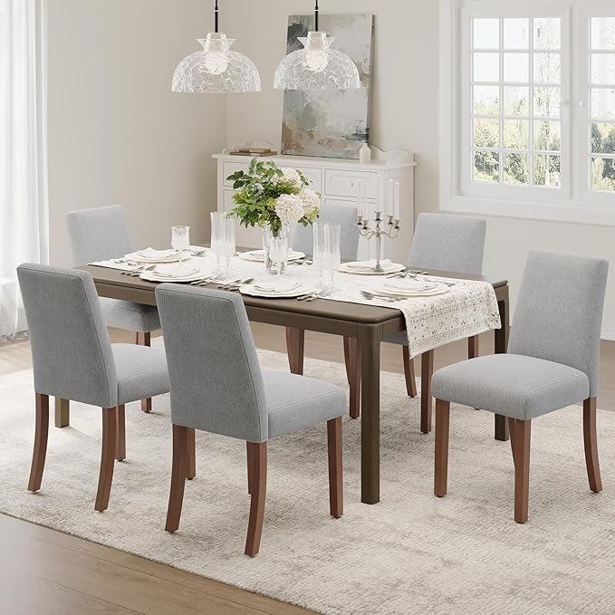 Dining Chairs Set of 6, Modern Dining Room Chairs with Wooden Legs, Upholstered Kitchen Farmhouse Parsons Chairs for Restaurant & Cafe- Gray
