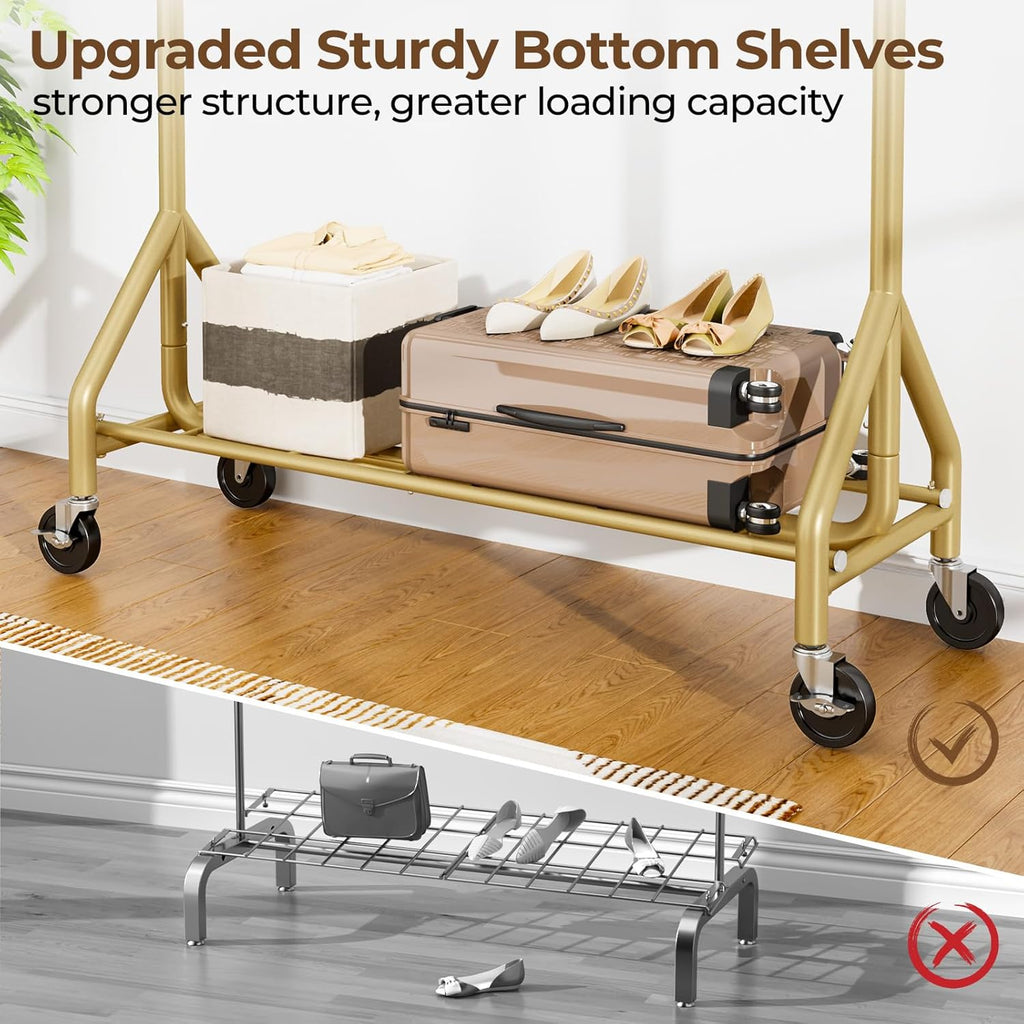 Heavy Duty Clothes Rack Load 450 LBS, Metal Garment Rack, Standing Rolling Clothing Rack for Hanging Clothes with Sturdy Wheels & Shelves, Portable Closet Wardrobe Rack,Gold