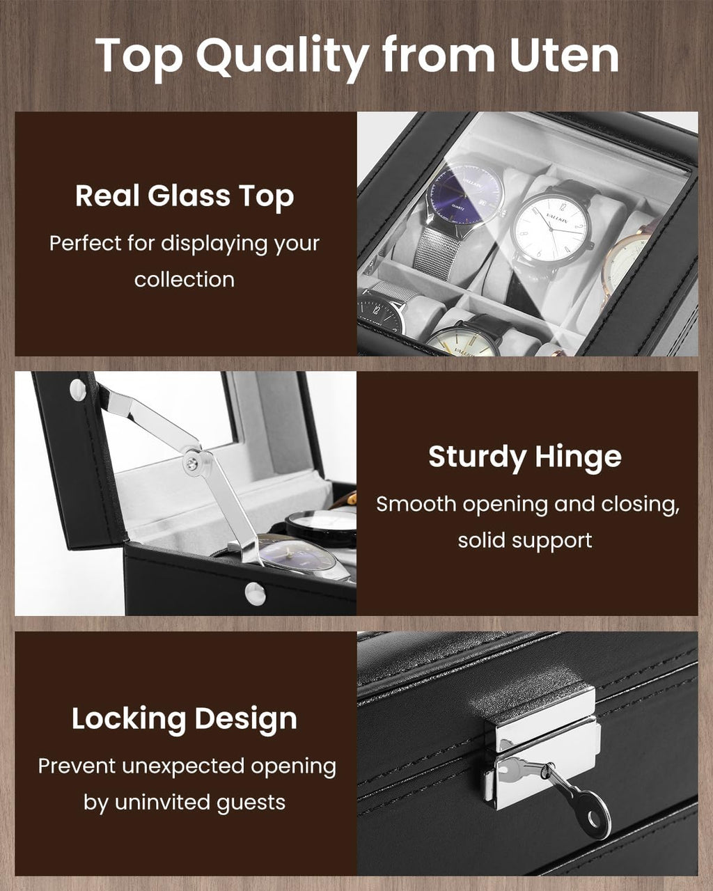 Uten 6-Slot Watch Box, 2-Layers PU Leather Watch Case with Glass Lid, Watch Holder Organizer with Soft Pillow and Velvet Lining, Watch and Jewelry Storage Box