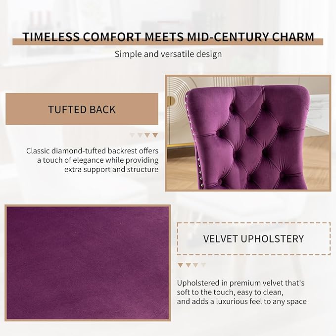 Mid Century Modern Dining Chairs Set of 6, Purple Velvet Upholstered Tufted Back, Kitchen & Dining Room Chairs, Brushed Silver Metal Legs, Nailhead Trim, Sillas para Comedor (Purple, 6 Pcs)