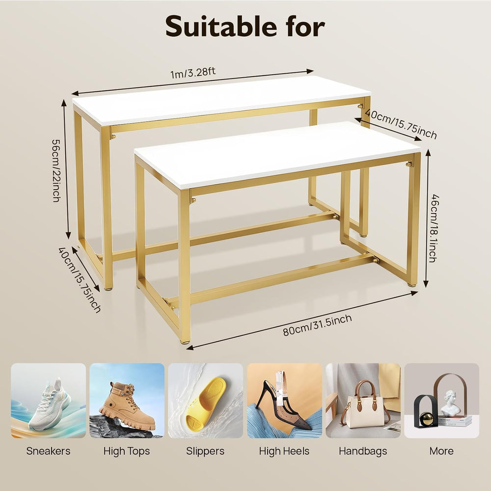 Metal Shoe Handbag Display Stand,Nesting Tables 2 Piece Set,Gold White Displa...