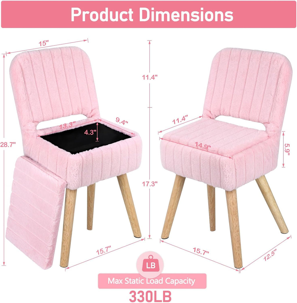 Vanity Stool Chair with Storage & Folding Back, Faux Rabbit Fur Soft Padded Seat Ottoman, 4 Solid Wood Legs Anti-Slip Feet, Small Stool for Vanity Desk for Makeuproom, Bedroom 15.7”x12.5”x28.7”（Pink）