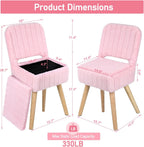 Vanity Stool Chair with Storage & Folding Back, Faux Rabbit Fur Soft Padded Seat Ottoman, 4 Solid Wood Legs Anti-Slip Feet, Small Stool for Vanity Desk for Makeuproom, Bedroom 15.7”x12.5”x28.7”（Pink）