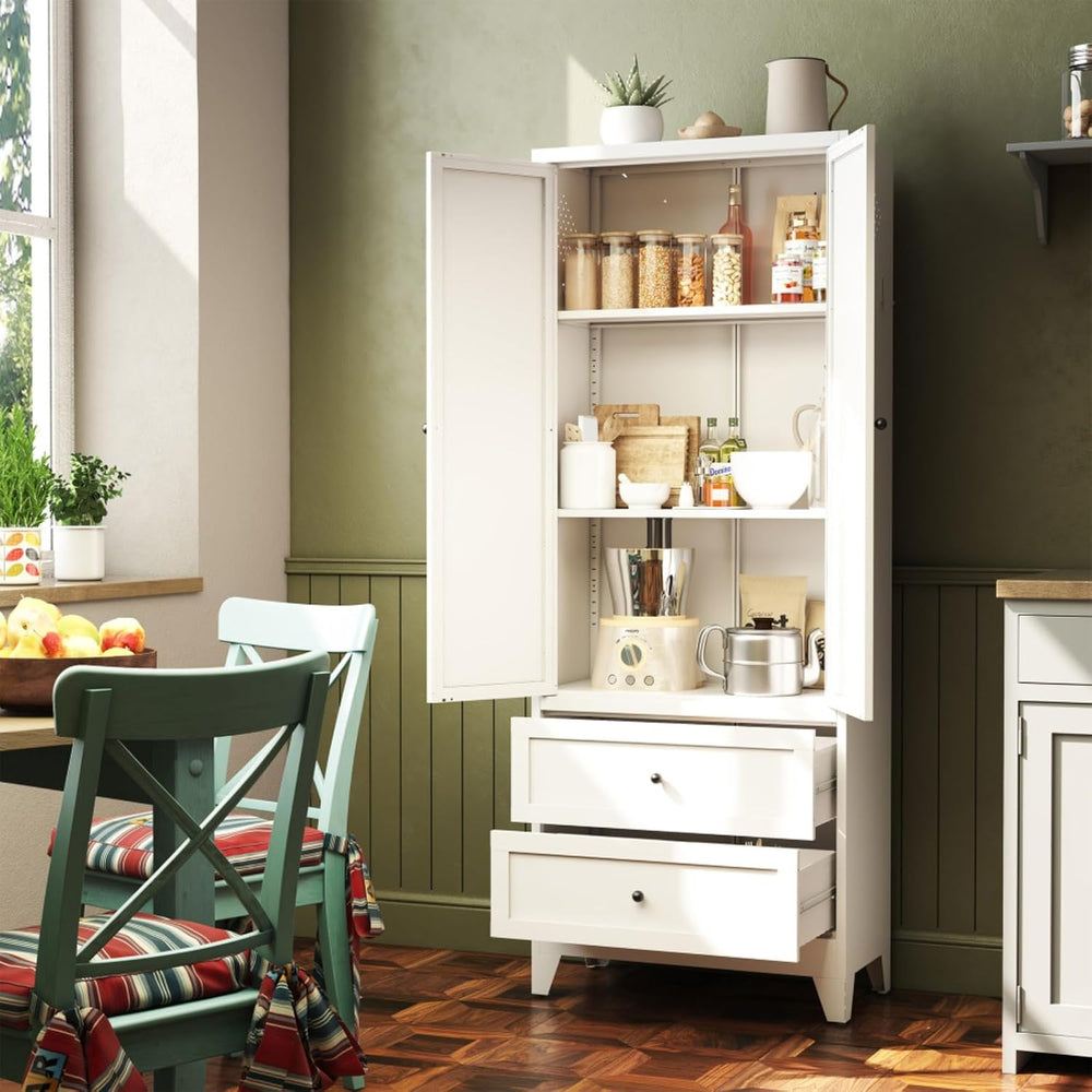 Hassyee White Metal Kitchen Pantry Cabinet Adjustable Storage with 4 Shelves ...
