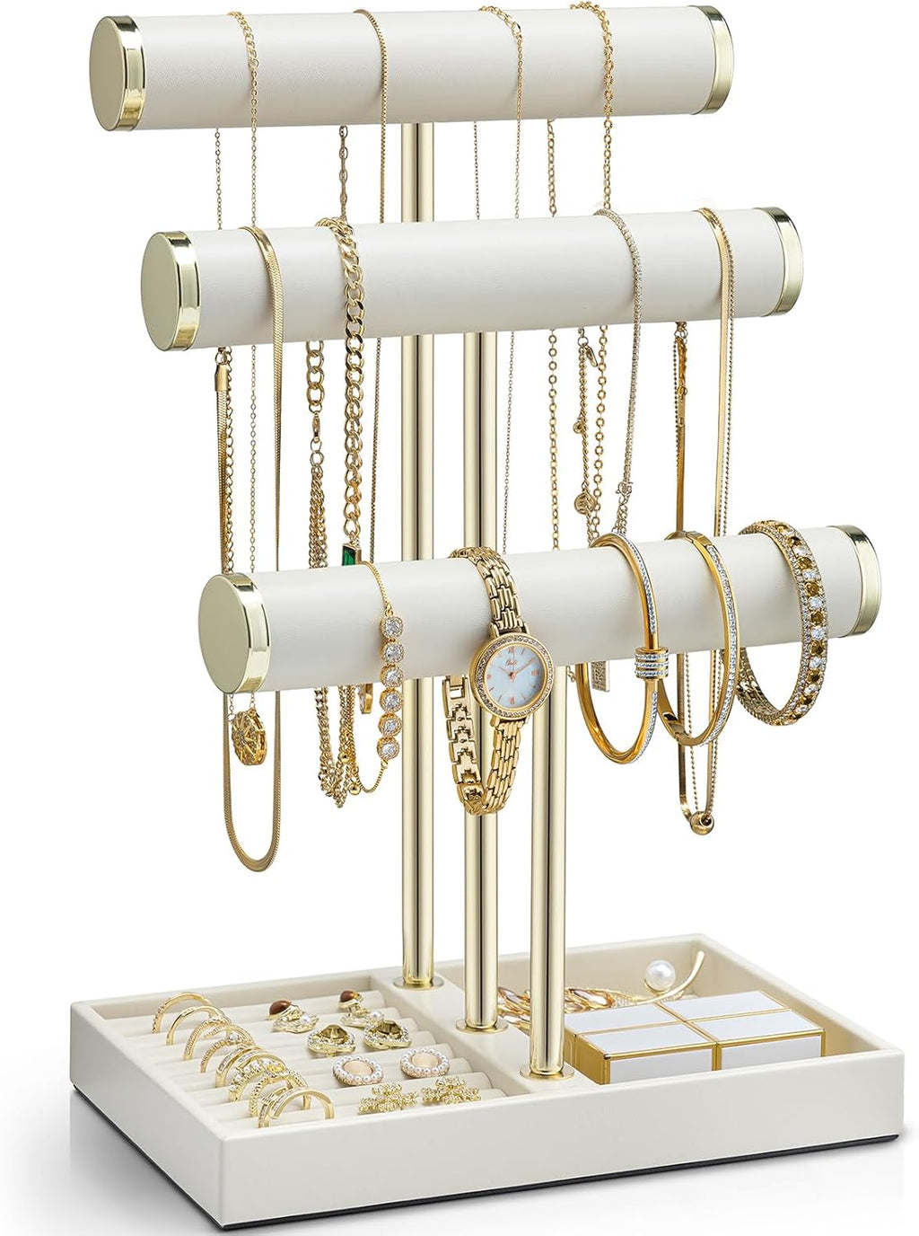 Vlando 3 Tier Bracelet Holder Organizer with Tray - Leather Jewelry Stand Organizer for Women - Jewelry Holder Display for Necklace, Watches, Rings, Earrings, Bangle, Scrunchie - Cloud White