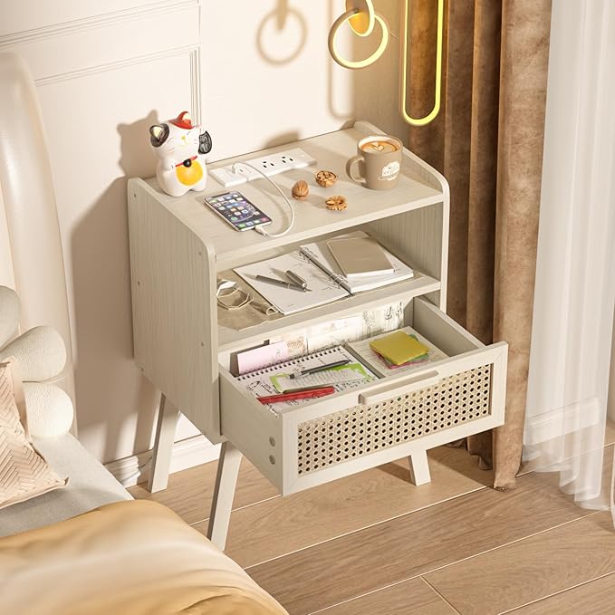 Lerliuo Rattan Nightstands Set of 2 with Charging Station, Side Table with Dr...