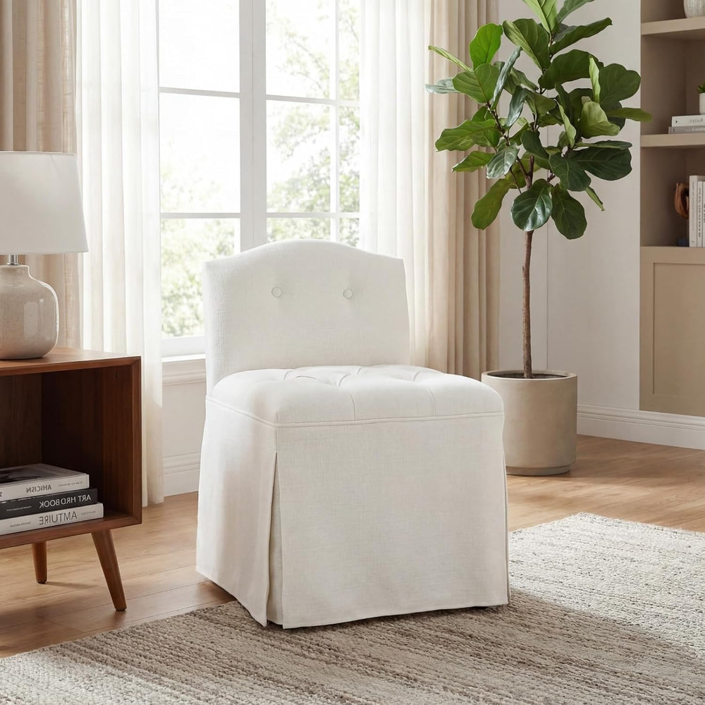 White Tufted Makeup Vanity Chair with Wheels, Small Upholstered Skirted Slipp...