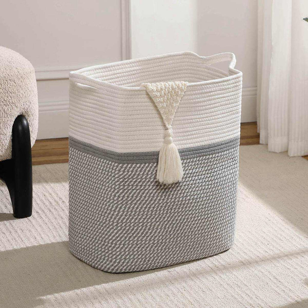 Tall Laundry Basket With Handles,Woven Cotton Rope Big Laundry Hamper Sorters,Versatile Storage for Dirty Clothes,Baby Toys,and Blankets in Bathroom, Nursery,and Living Room (White/Gray, 80L)