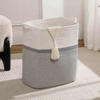 Tall Laundry Basket With Handles,Woven Cotton Rope Big Laundry Hamper Sorters,Versatile Storage for Dirty Clothes,Baby Toys,and Blankets in Bathroom, Nursery,and Living Room (White/Gray, 80L)