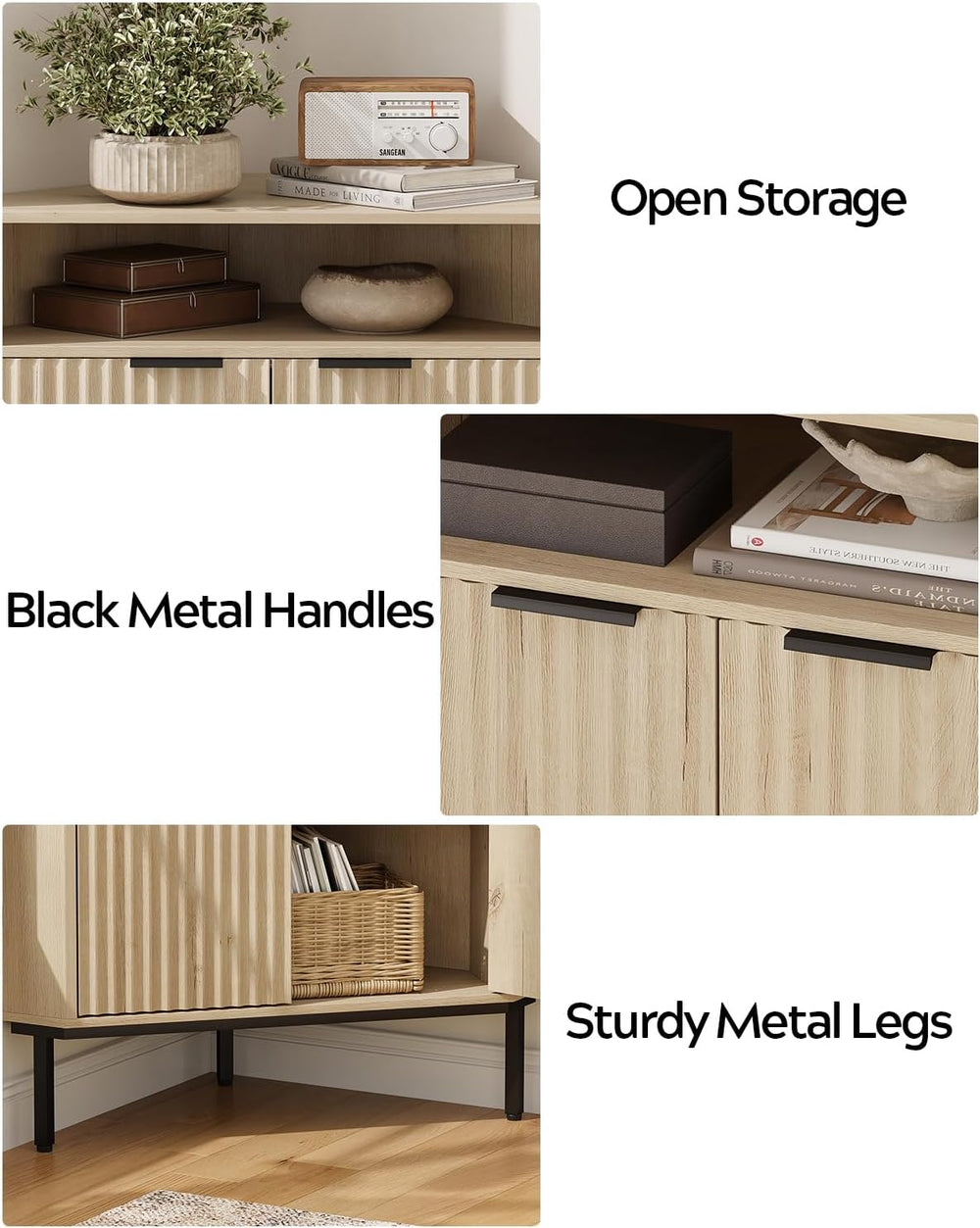 Fluted Corner Cabinet with Storage, Modern Floor Cabinets with Adjustable She...