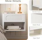 Floating Nightstands with Drawer Set of 2, Modern Wall Mounted Bedside Tables for Bedroom, Space Saving Storage Cabinets, Easy Install Hanging Shelf Night Stands for Small Spaces (White)