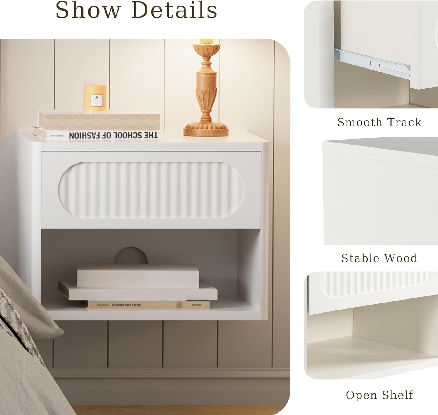 Floating Nightstands with Drawer Set of 2, Modern Wall Mounted Bedside Tables for Bedroom, Space Saving Storage Cabinets, Easy Install Hanging Shelf Night Stands for Small Spaces (White)