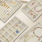 8 Pack Jewelry Organizer for Drawer, Necklace Velvet Storage Display Tray, Stackable Insert Divided Holder for Bracelet Rings Earring Brooch Watch, Beige 4 Styles