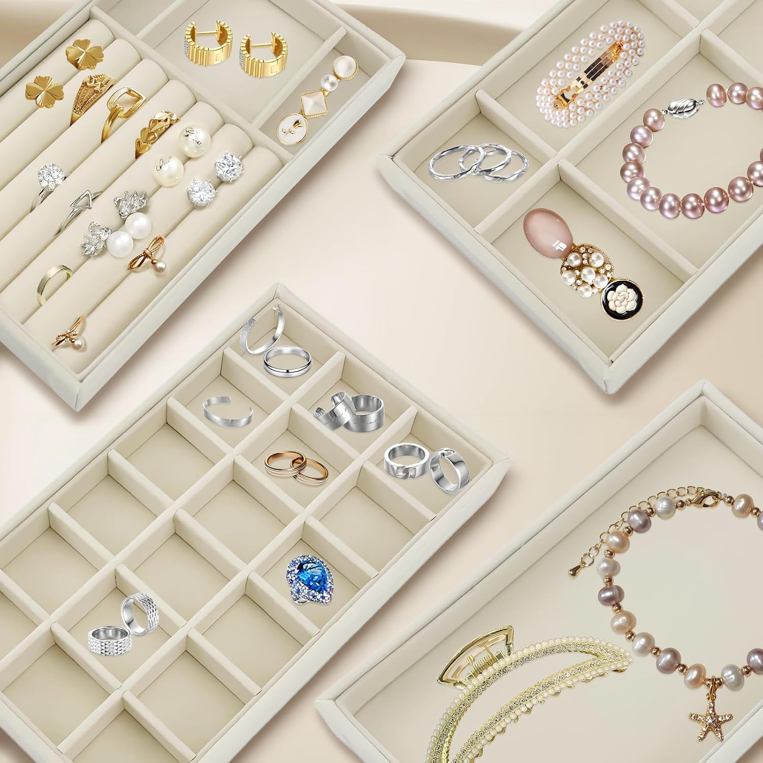 8 Pack Jewelry Organizer for Drawer, Necklace Velvet Storage Display Tray, Stackable Insert Divided Holder for Bracelet Rings Earring Brooch Watch, Beige 4 Styles