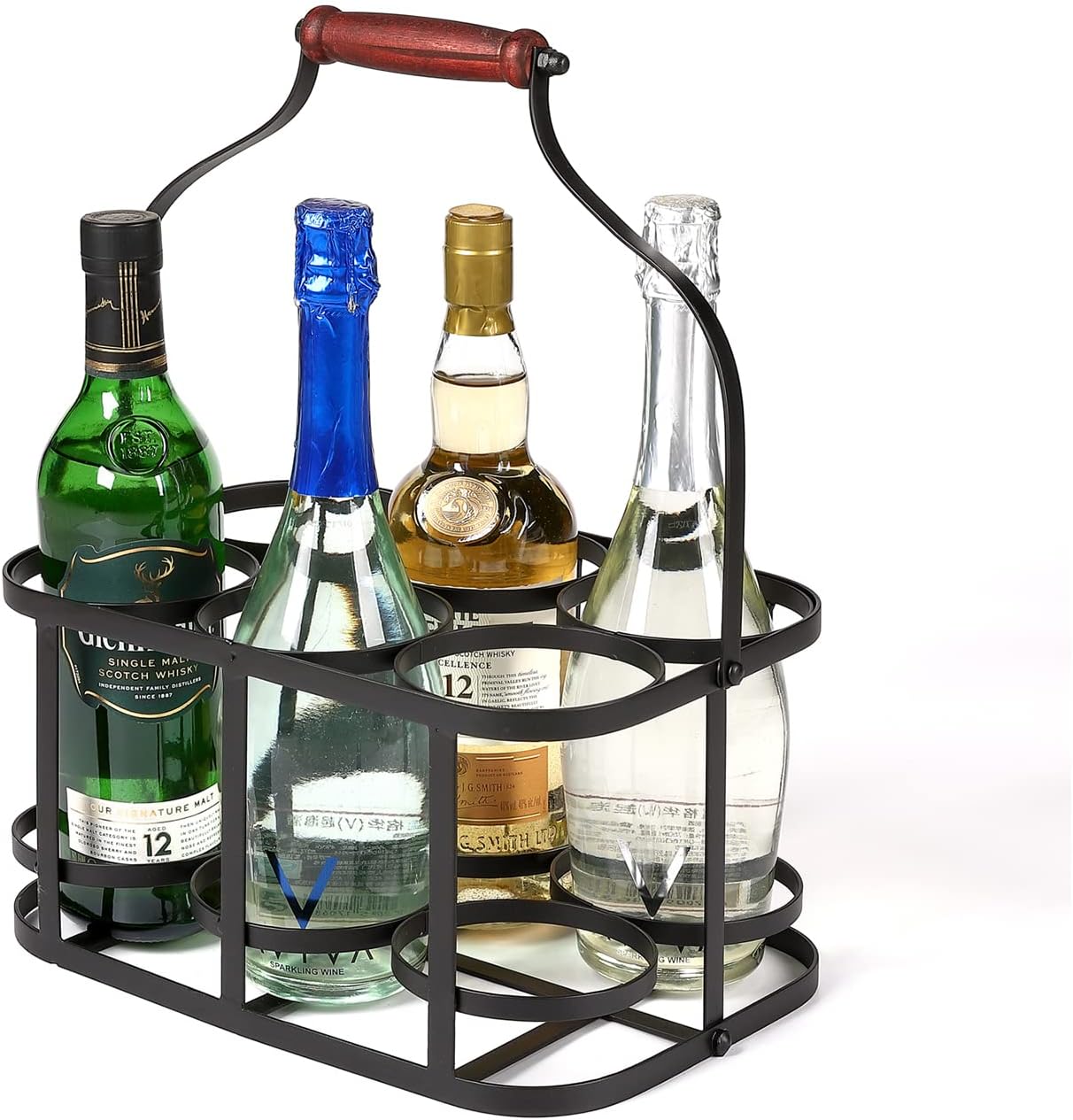 Metal Wine Bottle Carrier 6 Bottle Wine Carrier with Wood Handle (Black) | Farmhouse Metal Wine Rack Basket Caddy Decorative Wine Display Stand for Wedding Bar BBQ Picnic Red White Wine Milk Storage