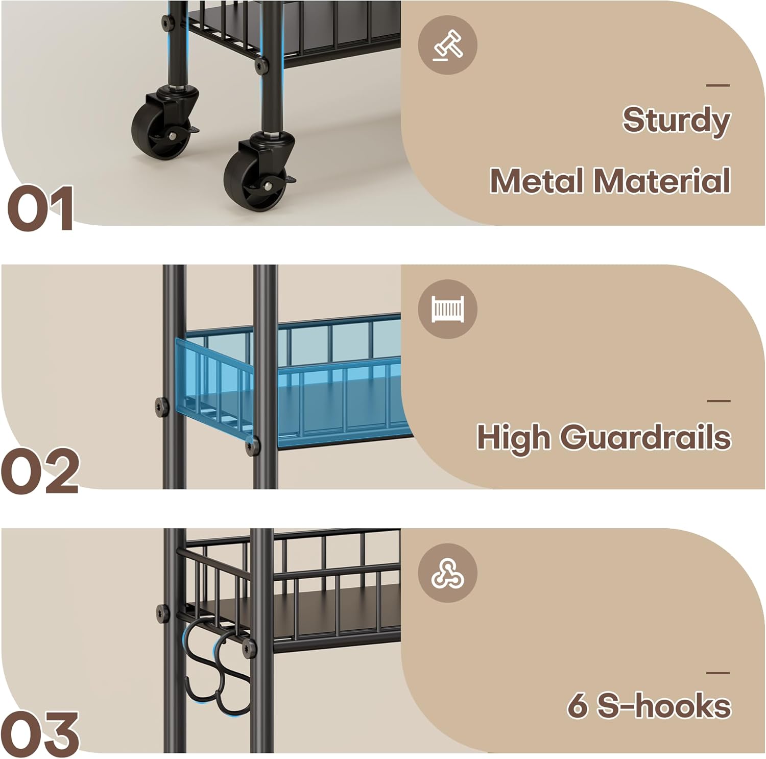 6 Tier Slim Storage Cart with Wheels, Metal Mobile Shelving Unit Organizer Utility Cart for Office Bathroom Kitchen Laundry Room Narrow Places (10inches)