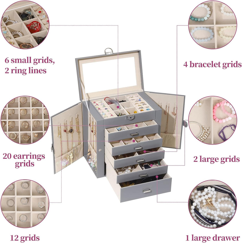 BOOVO Jewelry Box For women, 6 Layer Large Jewelry Organizer With Mirror, Multi-Function Storage Box With Lock, Accessory Holder With 5 Drawers, For Earrings Necklace Ring Bracelet (Gray)