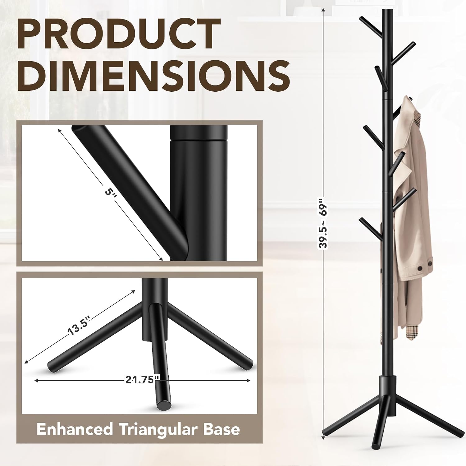 Hupmad Wooden Tree Coat Rack Stand,Sturdy Freestanding Coat Rack with 8 Hooks,3 Adjustable Height for Child Adult,Wood Coat Stand Tree Fits Entryway Bedroom Office for Bags,Hats